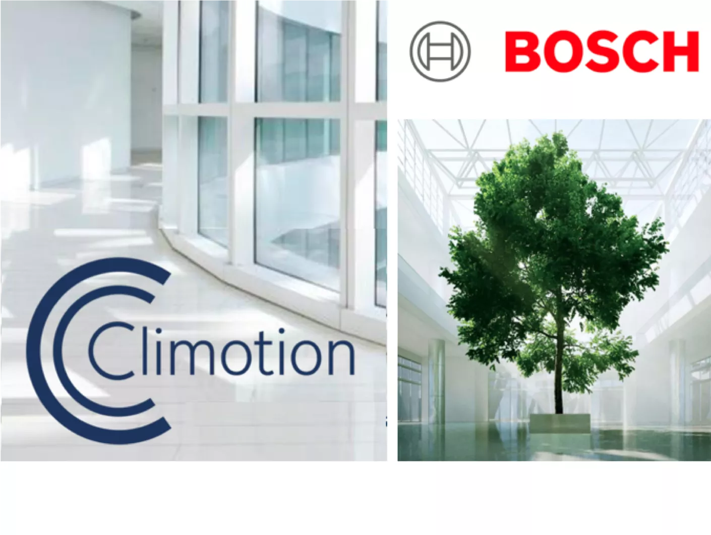Brand name Climotion The Climotion logo together with the Bosch logo against the background image of a modern building with lots of glass and a large tree in the middle.