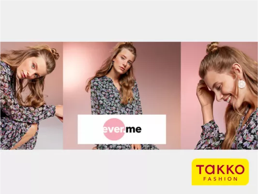 An advertising poster for ever.me - showing a female model wearing a collection from Takko Fashions ever.me.