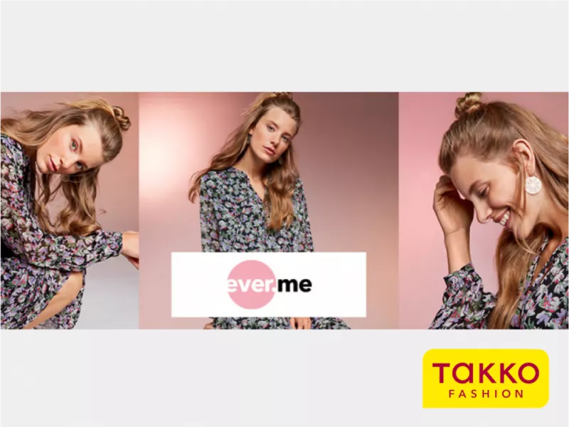 An advertising poster for ever.me - showing a female model wearing a collection from Takko Fashions ever.me.