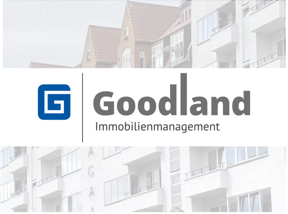 The logo of “Goodland Immobilienmanagement” against the transparent background of a row of apartments