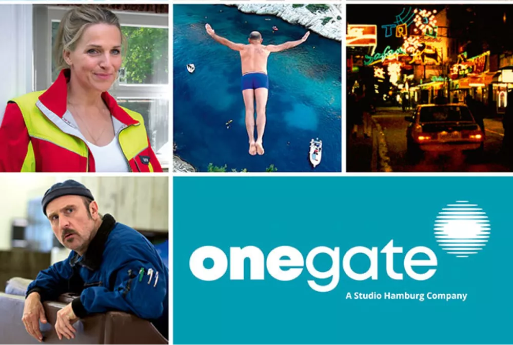 New name - new look A collection of various movie and series clips with the onegate logo in white on a turquoise background.