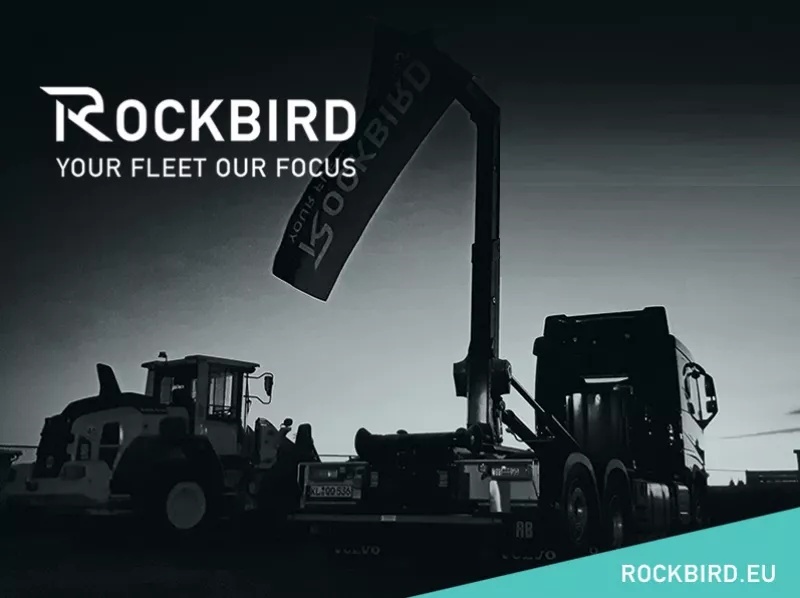 Rockbird company name An advertising image from Rockbird shows some large vehicles in black and white.