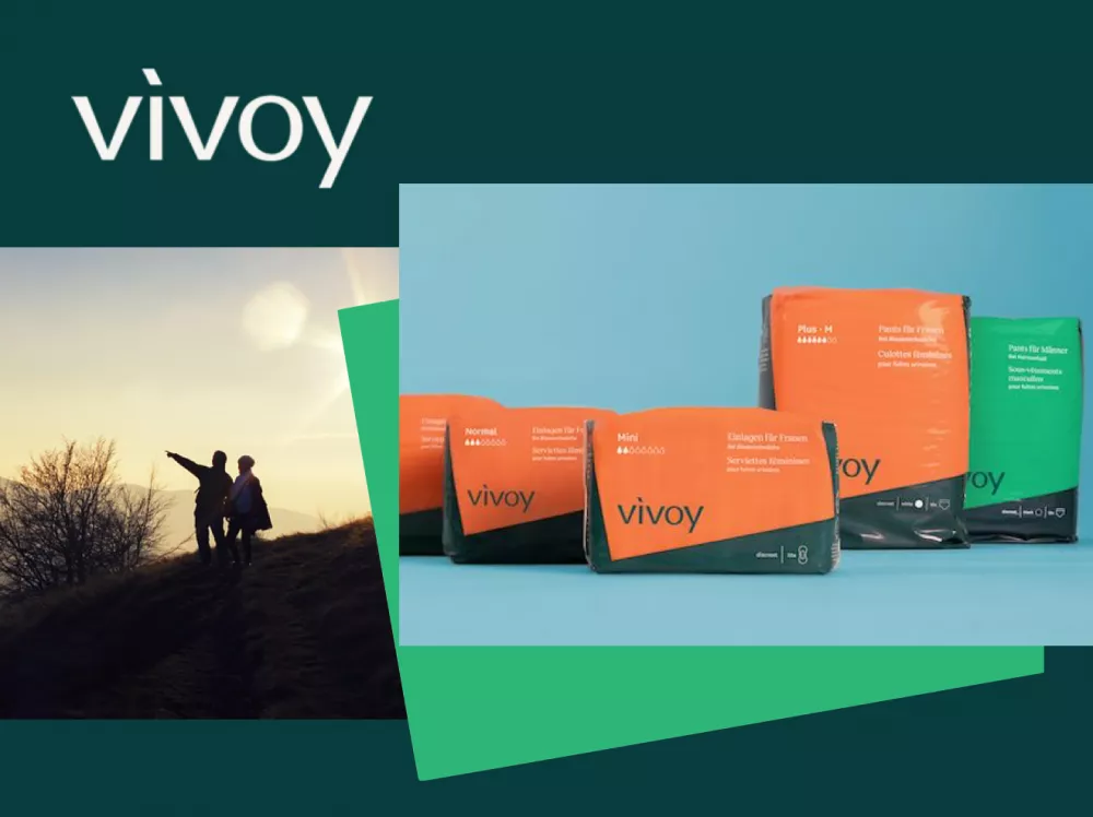 Brand name vivoy Two people in an autumn landscape, next to three vivoy products.