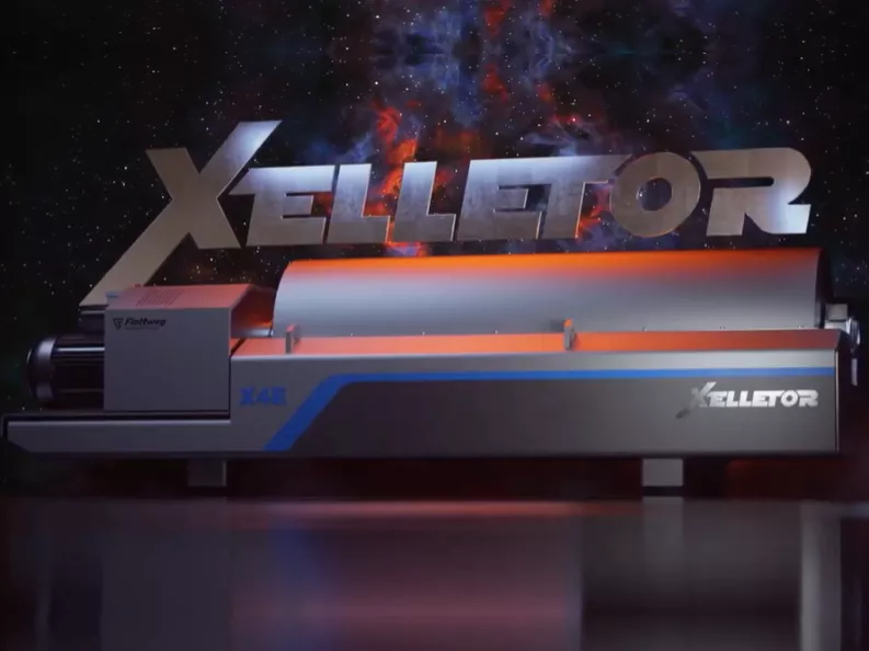 Naming for Flottweg: XELLETOR The Xelletor decanter centrifuge in an advertising image with a space atmosphere.