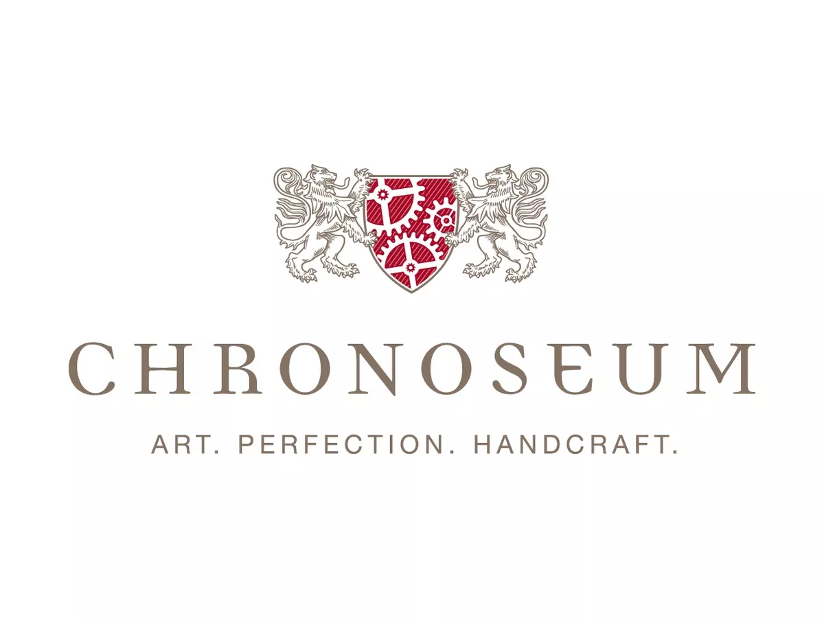 Finding a name for a watch manufacture The Chronoseum logo: two stylized lions frame a coat of arms with clockwork from the right and left. Below it in capital letters CHRONOSEUM with the subtitle “ART. PERFECTION. HANDCRAFT.”