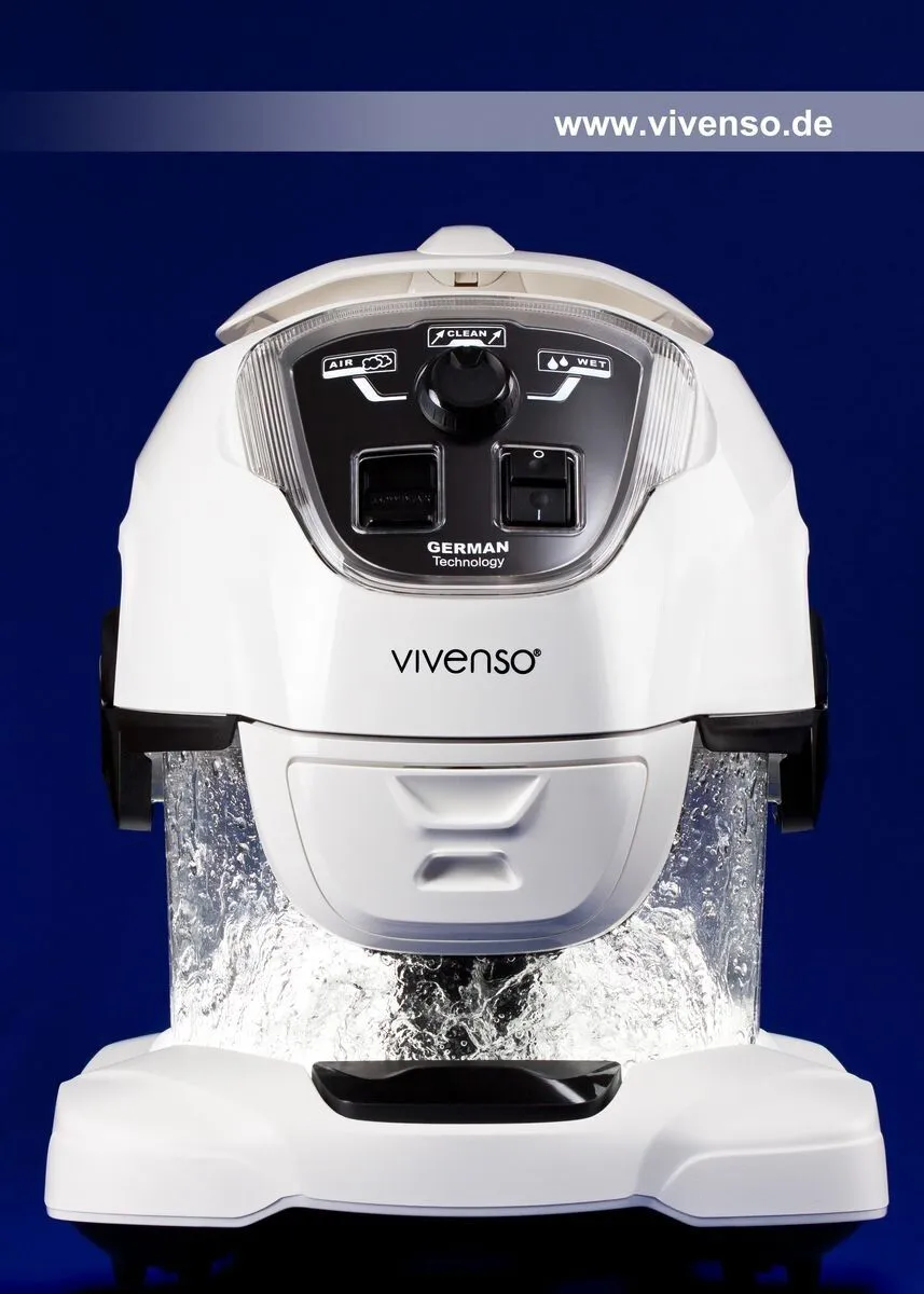 Water filter technology washes and vacuums The vivenso water-air-cleaner.