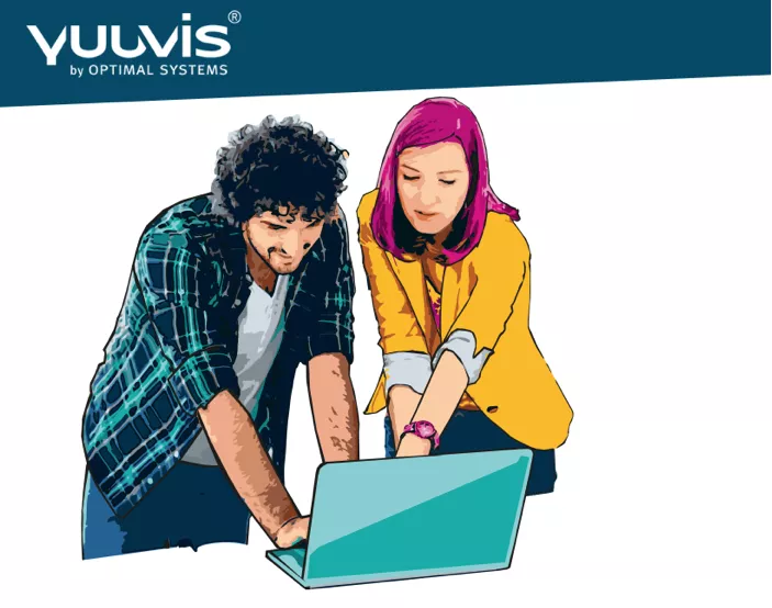 yuuvis - your vision Cartoon-like depiction of two people at a laptop, with the yuuvis logo above them.