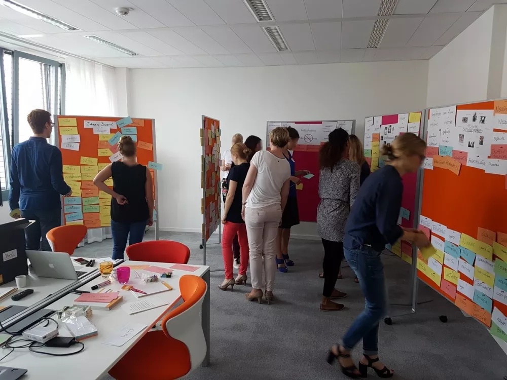 Naming - search for name ideas A naming workshop in which many name ideas are collected and posted on pin boards.